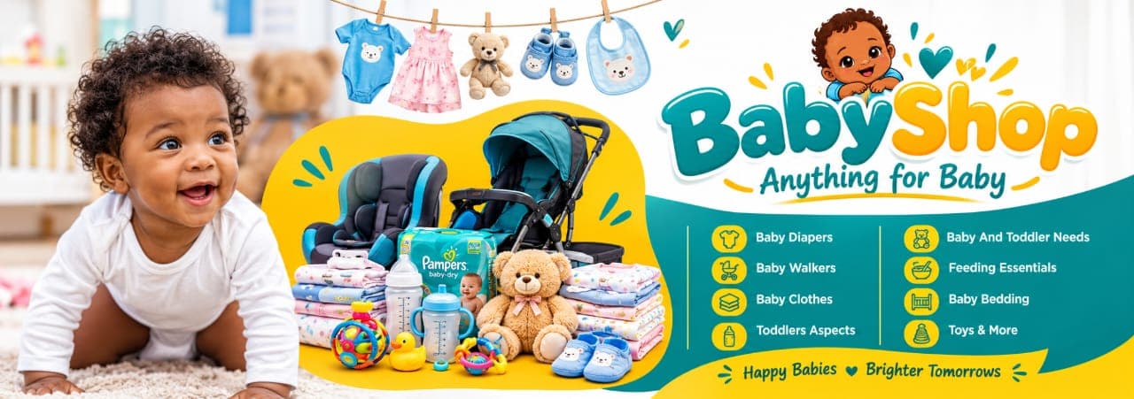 A happy baby with a selection of baby essentials